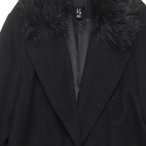 New Look Womens Black Overcoat Coat Size 12 Snap - Faux Fur Collar