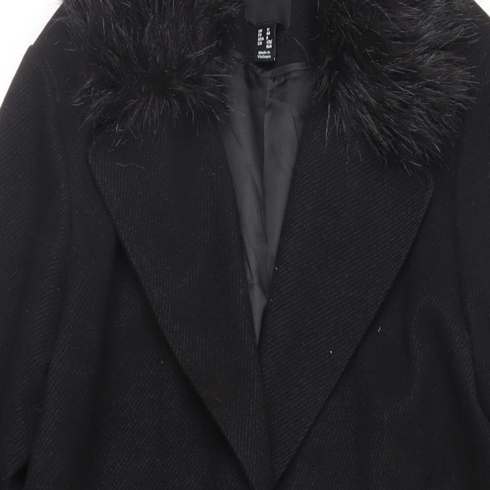 New Look Womens Black Overcoat Coat Size 12 Snap - Faux Fur Collar