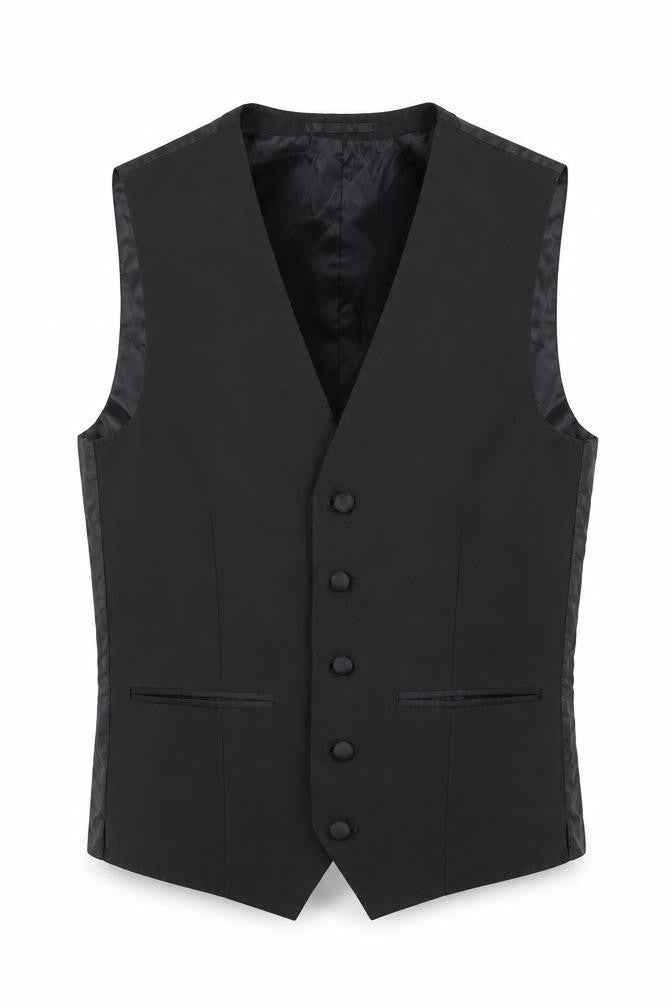 Front view of Next men’s black polyester jacket suit waistcoat, size 36, regular