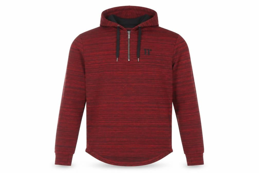 Front view of 11 Degrees men’s red striped viscose pullover hoodie, size S, - logo