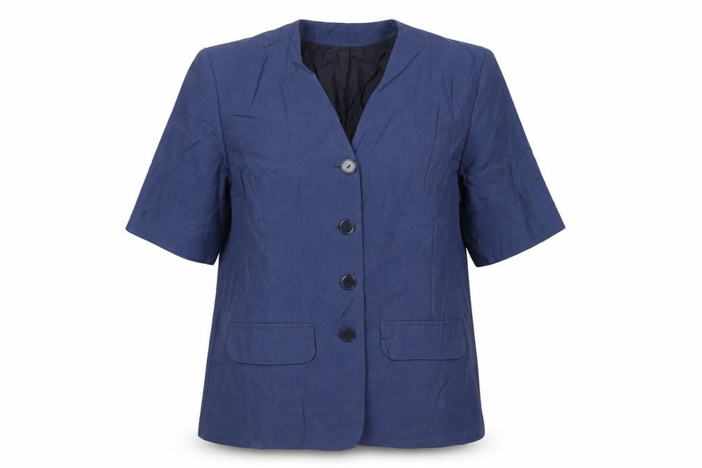 Front view of Strogue women’s blue jacket blazer, size UK 14, button - vintage