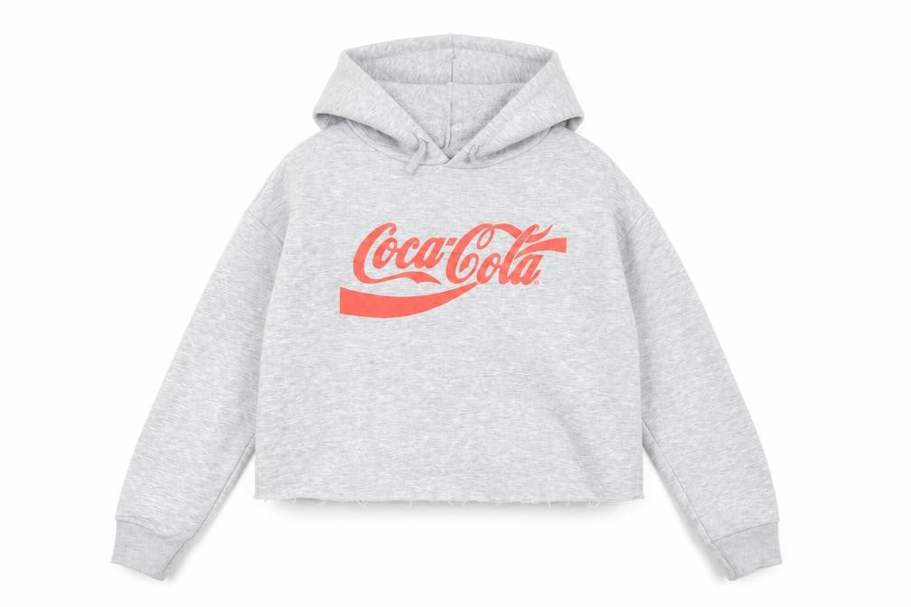 Front view of New Look girls’ grey polyester pullover hoodie, size 12-13, years pullover - coca-cola