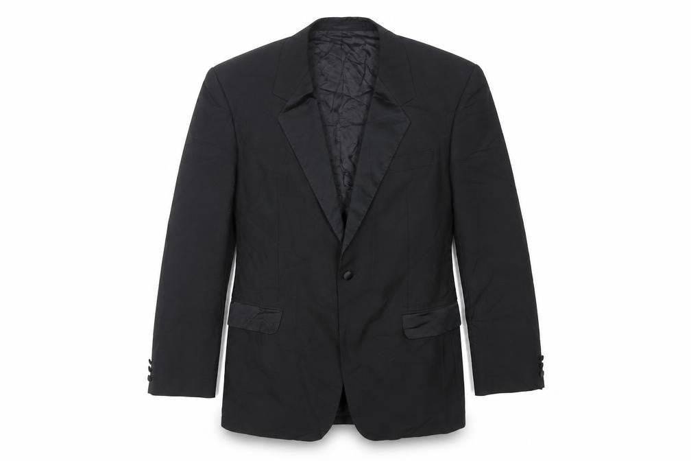 Front view of Varteks men’s black polyester tuxedo suit jacket, size 42, regular