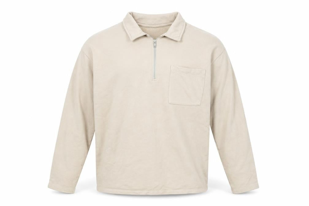 Front view of ASOS men’s beige cotton pullover sweatshirt, size M