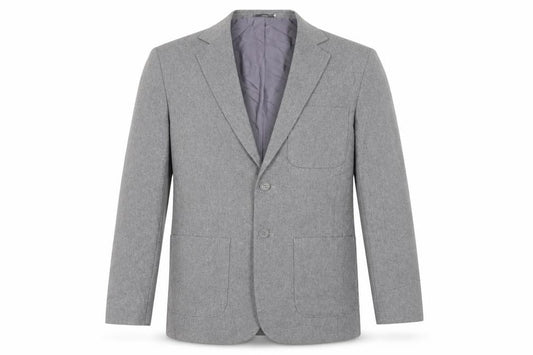 Front view of Pine & Buckland men’s grey polyester jacket suit jacket, size 36, regular