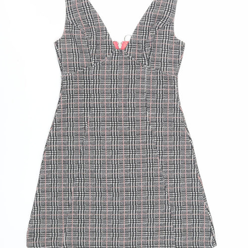 TOPS Womens Grey Plaid Cotton Pinafore/Dungaree Dress Size 6 V-Neck Zip