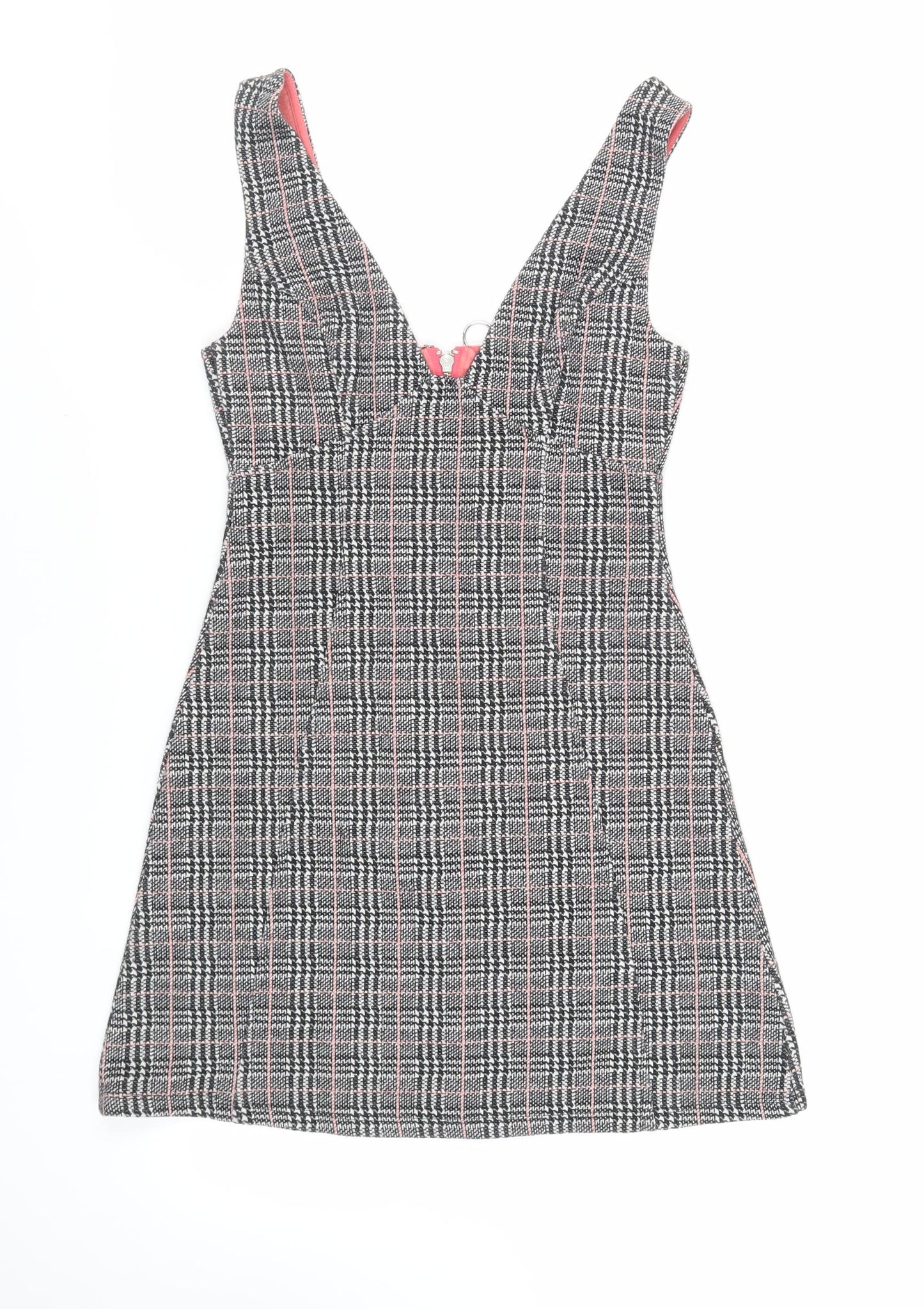 TOPS Womens Grey Plaid Cotton Pinafore/Dungaree Dress Size 6 V-Neck Zip