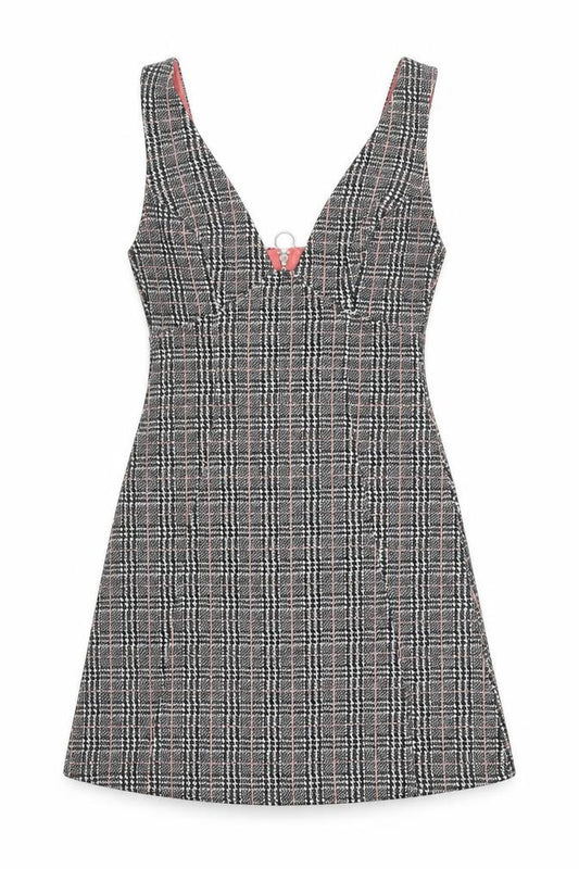 Front view of TOPS women’s grey plaid cotton pinafore/dungaree dress, size UK 6, v-neck zip