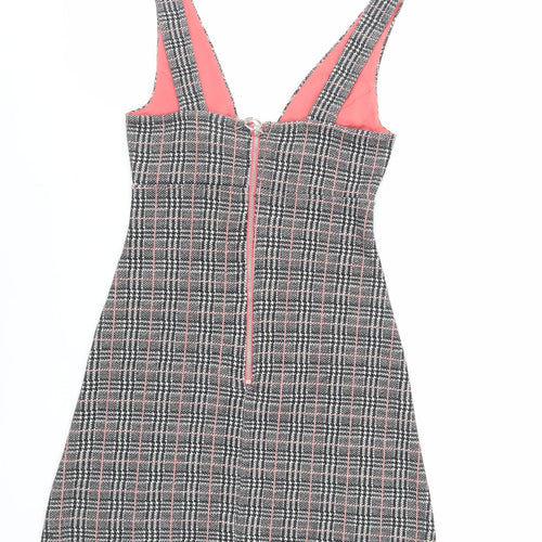 TOPS Womens Grey Plaid Cotton Pinafore/Dungaree Dress Size 6 V-Neck Zip