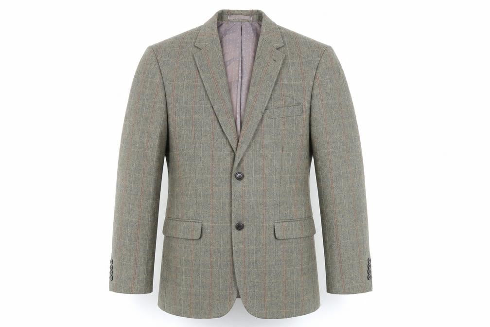 Front view of Greenwoods men’s green plaid polyester jacket blazer, size 40, regular