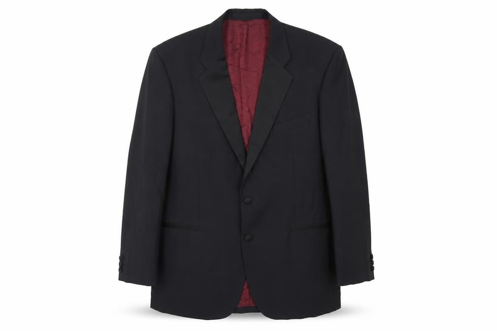 Front view of St Michael men’s black polyester tuxedo suit jacket, size 42, regular - vintage