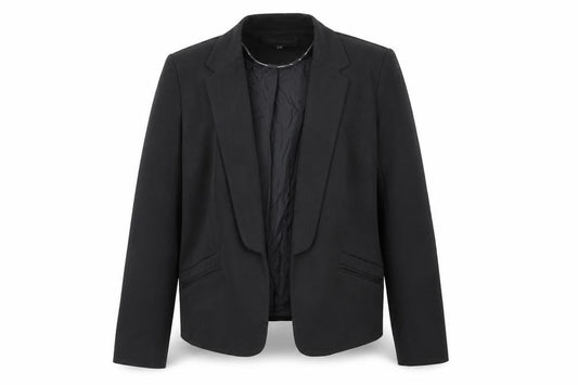 Front view of Warehouse women’s black jacket blazer, size UK 16, - open