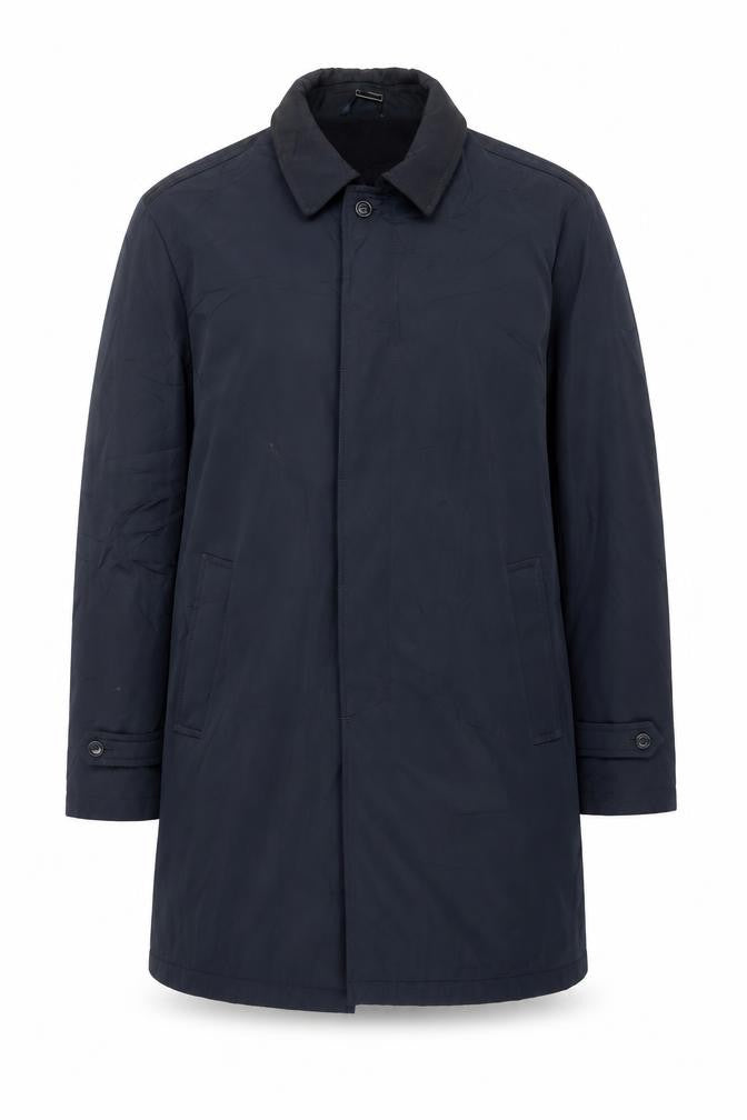 Front view of DS Classic men’s blue overcoat coat, size L, button