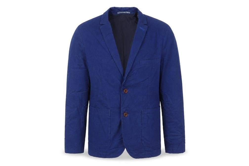 Front view of Burton men’s blue jacket blazer, size M, button