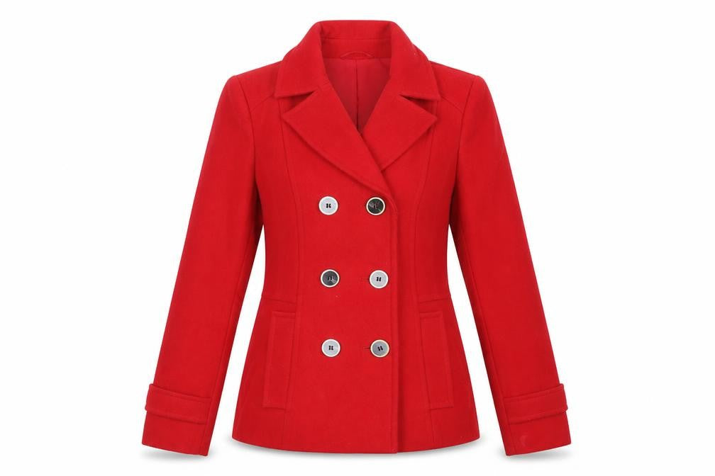 Front view of Debenhams women’s red pea coat coat, size UK 10, button