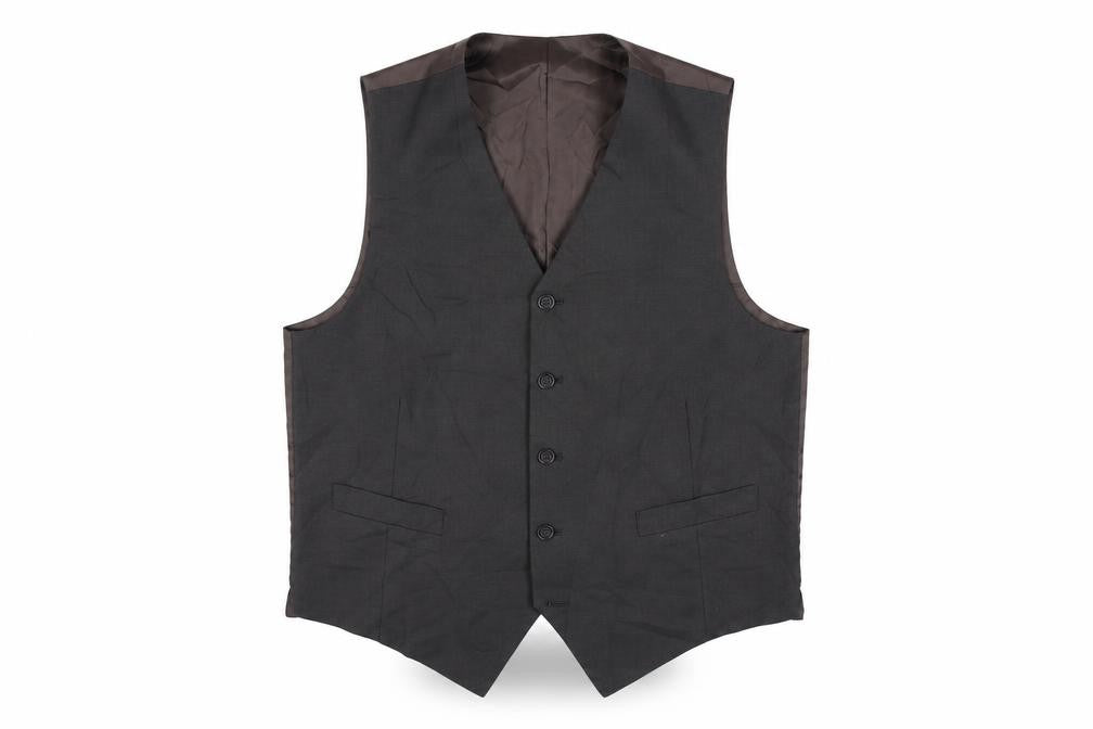 Front view of BHS men’s black polyester jacket suit waistcoat, size 38, regular