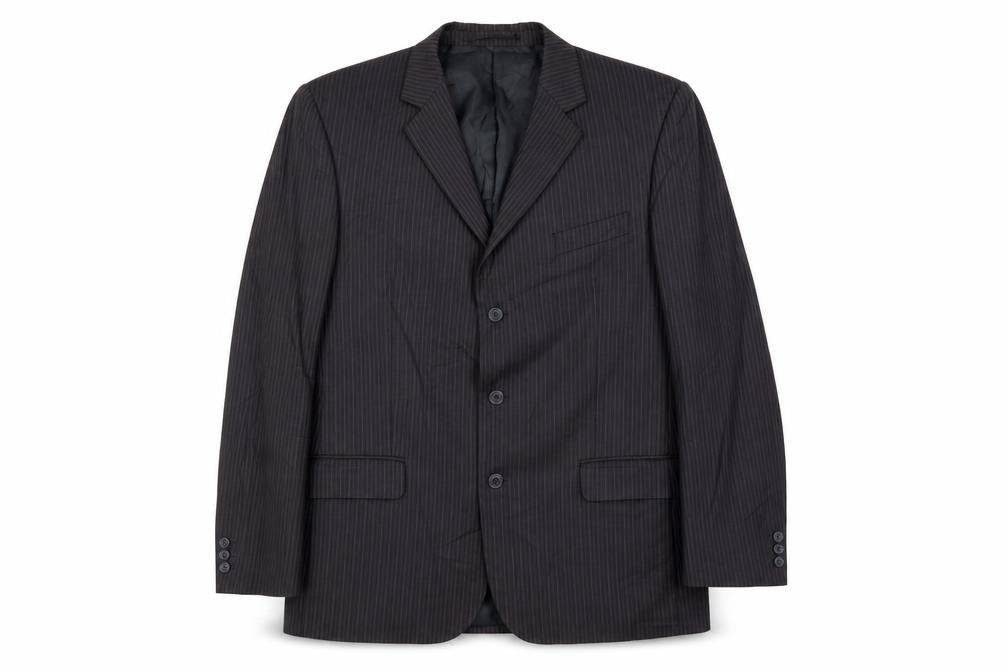 Front view of Karl Jackson men’s grey striped polyester jacket suit jacket, size 44, regular