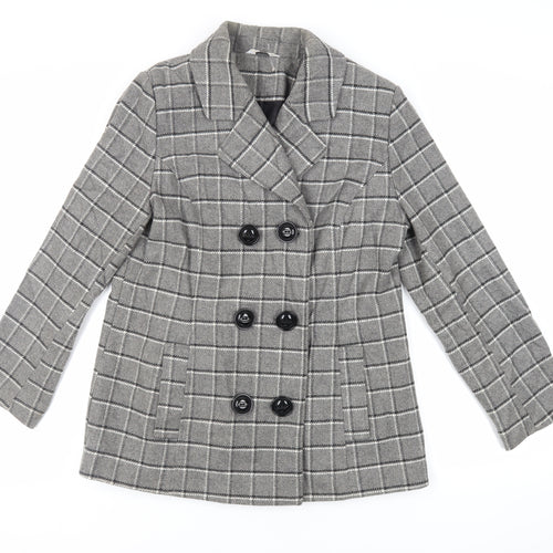 Classic Womens Grey Plaid Pea Coat Coat Size 14 Button