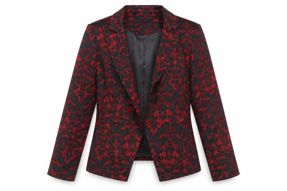 Front view of Per Una women’s red geometric jacket blazer, size UK 14, - open