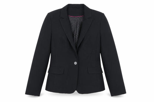 Front view of New Look women’s black jacket blazer, size UK 12, button