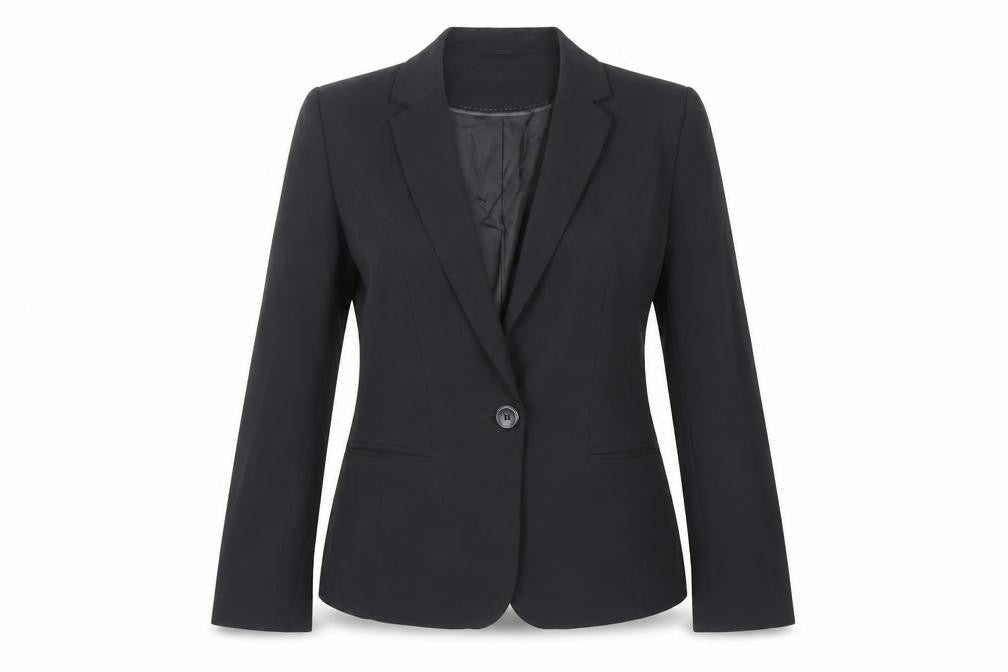 Front view of BHS women’s black jacket blazer, size UK 12, button