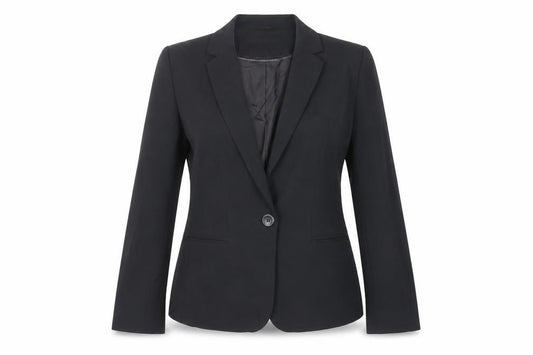 Front view of BHS women’s black jacket blazer, size UK 12, button