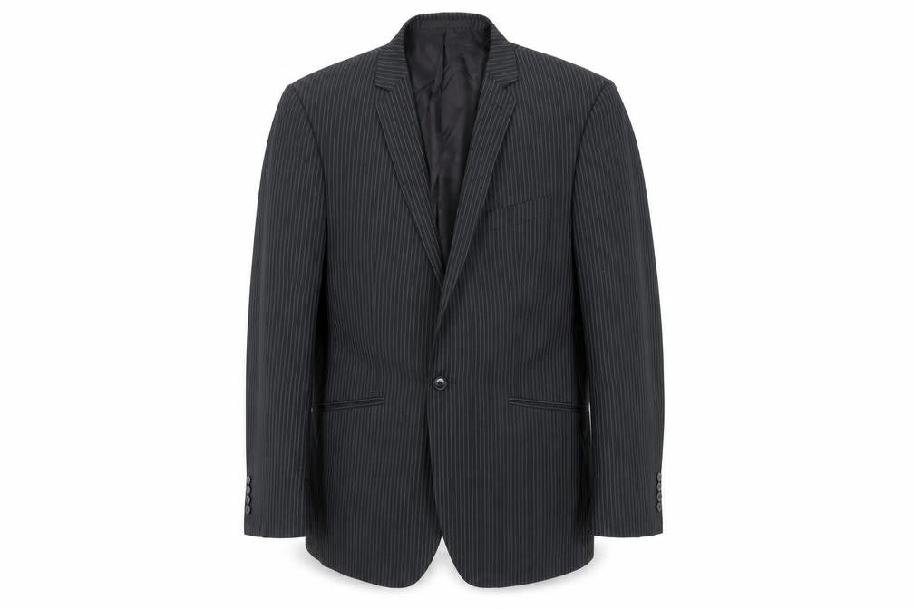 Front view of Burton men’s blue striped polyester jacket suit jacket, size 46, regular