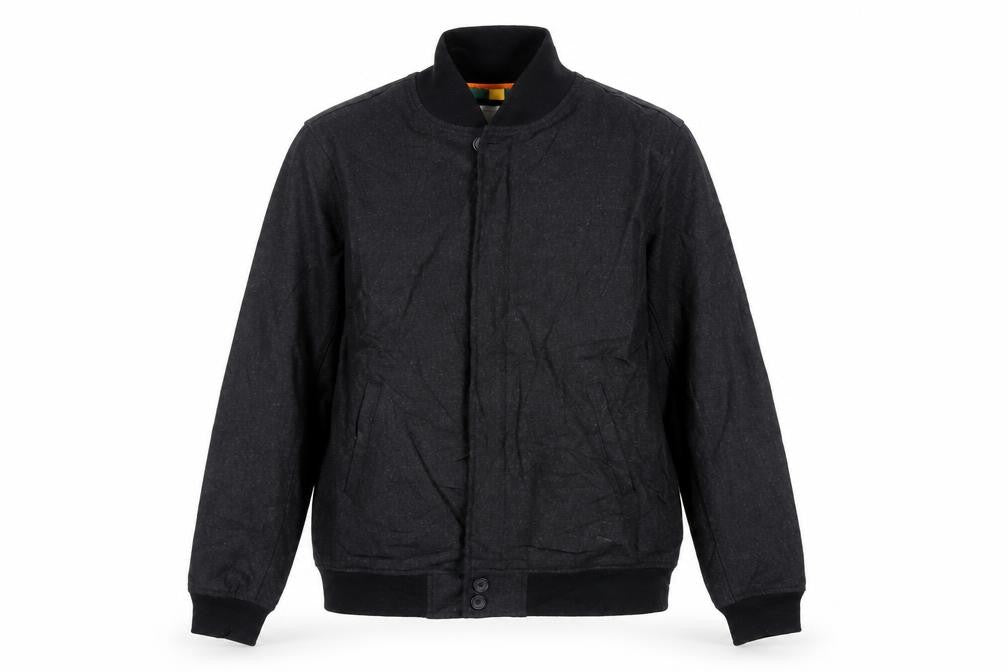 Front view of Saturdays women’s black bomber jacket jacket, size L, zip