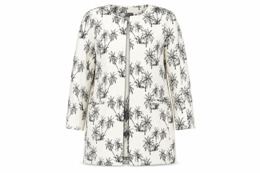 Front view of Zara women’s ivory geometric jacket blazer, size S, - open