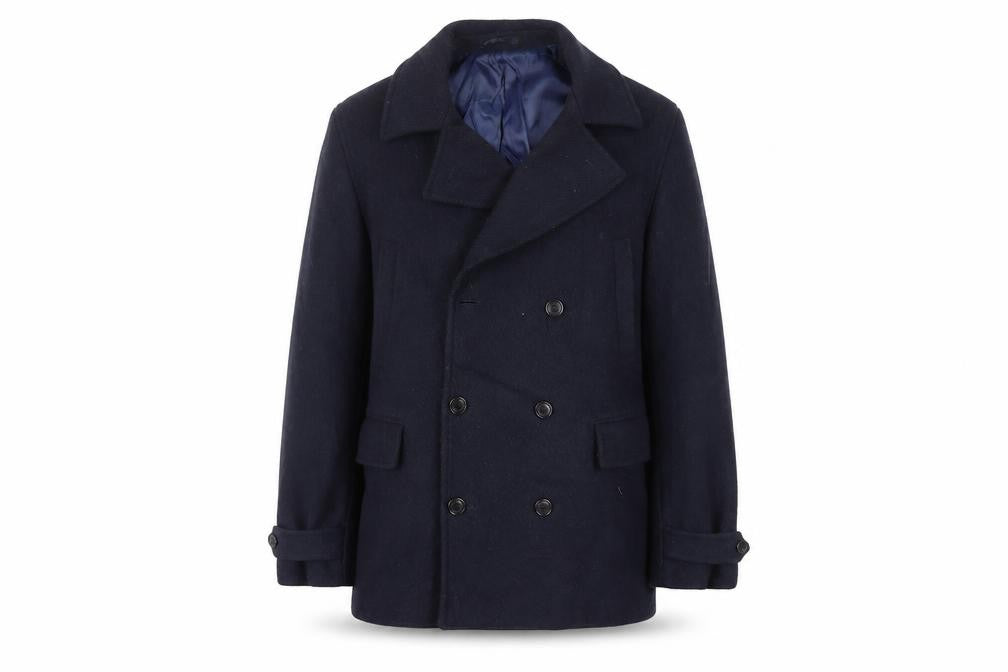 Front view of Moss 1851 men’s blue jacket, size L, button