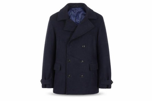 Front view of Moss 1851 men’s blue jacket, size L, button