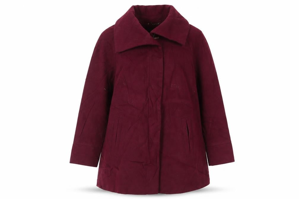 Front view of M&Co women’s purple overcoat coat, size UK 18, zip
