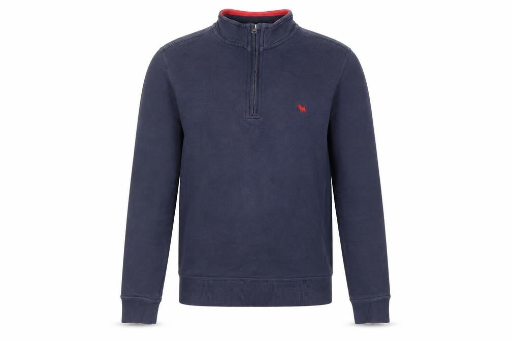 Front view of Jack Russell men’s blue cotton pullover sweatshirt, size S, - logo