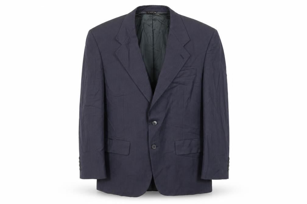 Front view of Bill Blass men’s blue striped wool jacket suit jacket, size 42, regular