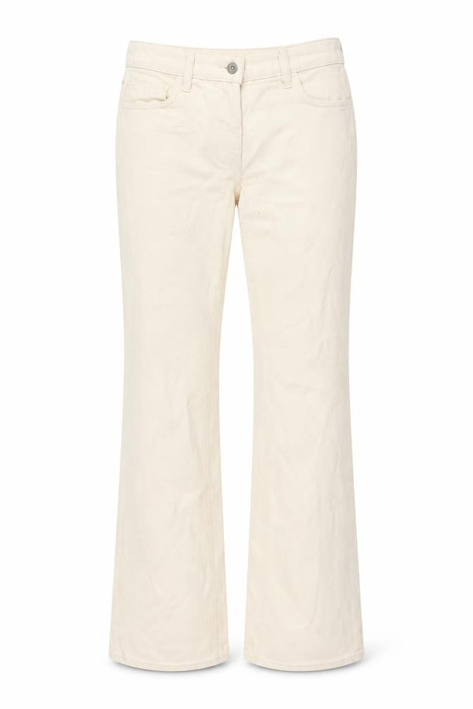 Front view of Collusion women’s beige cotton flared jeans, size UK 26, in, 32-inch leg regular button