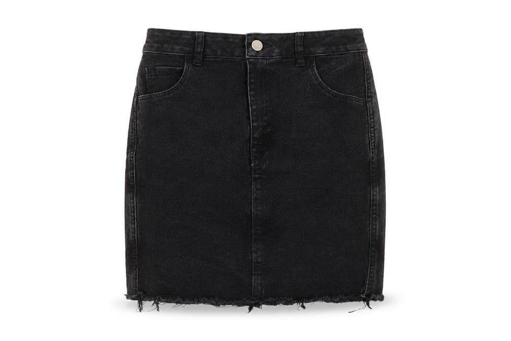 Front view of H&M women’s black cotton mini skirt, size UK 8, button