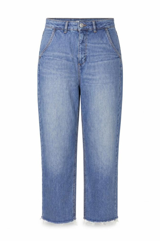 Front view of Formula Joven women’s blue cotton mom jeans, size UK 10, 23-inch leg regular button
