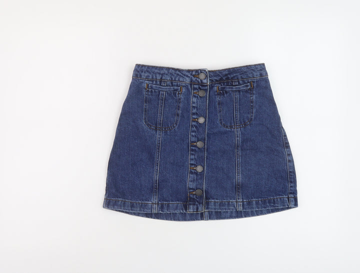 Topshop Womens Blue Cotton Mini Skirt Size 6 Button