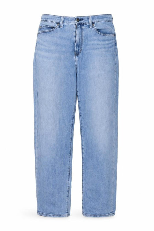 Front view of Uniqlo women’s blue cotton mom jeans, size UK 28, in, 28-inch leg regular button