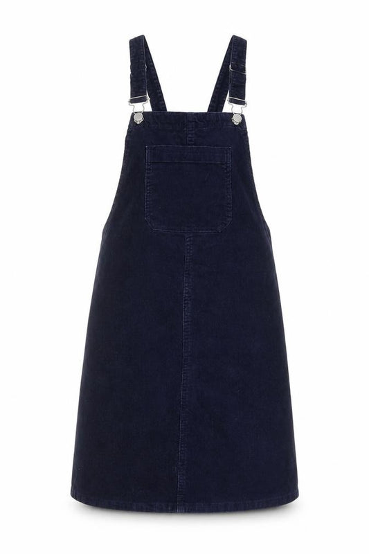 Front view of Tu women’s blue cotton pinafore/dungaree dress, size UK 10, square neck buckle
