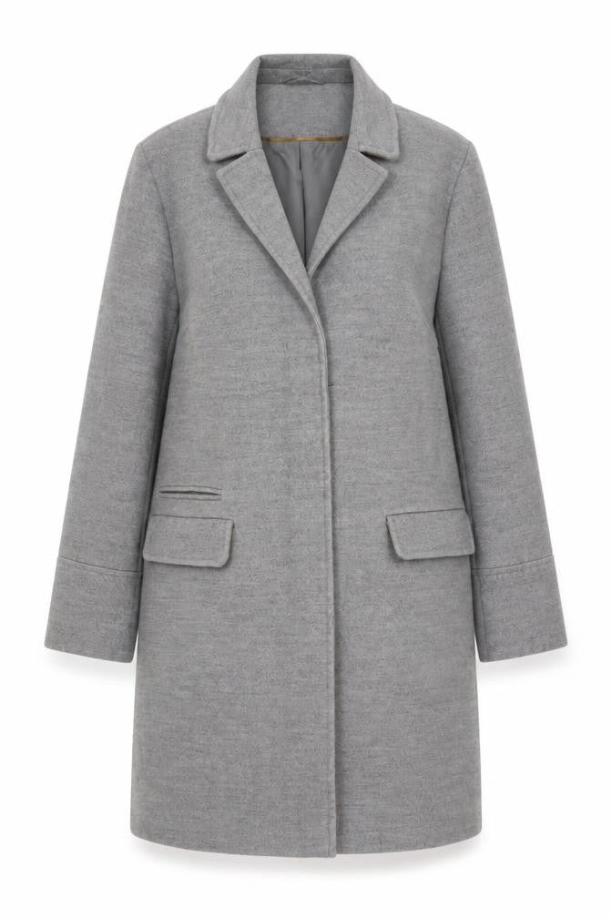 Front view of Topshop women’s grey overcoat coat, size UK 8, zip