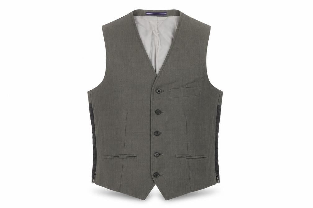 Front view of Topman men’s green polyester jacket suit waistcoat, size 36, regular