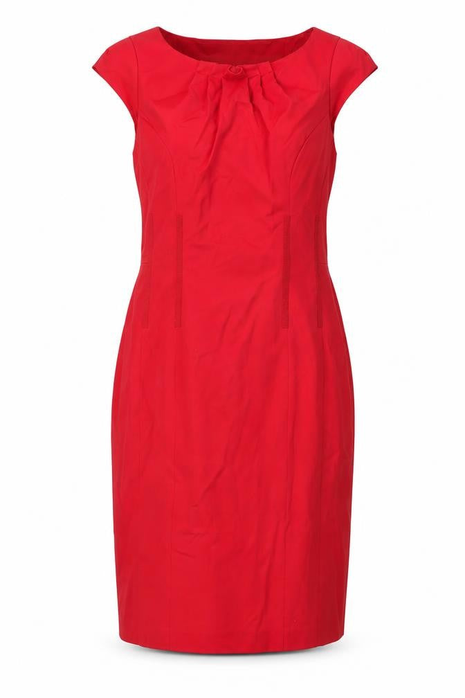 Front view of Coast women’s red cotton sheath, size UK 12, round neck zip