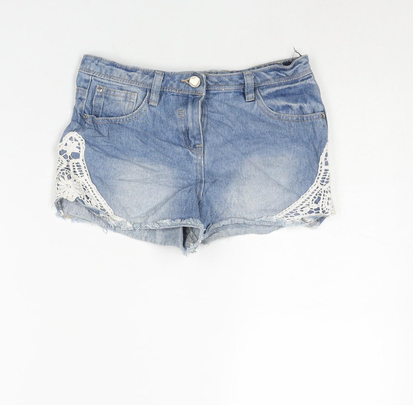 George Girls Blue Cotton Cut-Off Shorts Size 9-10 Years Regular Zip - Lace Detail