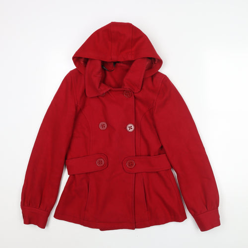 Fallen Legend Womens Red Pea Coat Coat Size 10 Button - Removable Hood Belt Detail