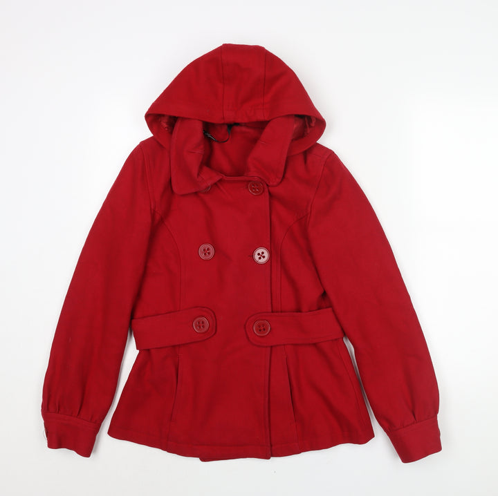 Fallen Legend Womens Red Pea Coat Coat Size 10 Button - Removable Hood Belt Detail