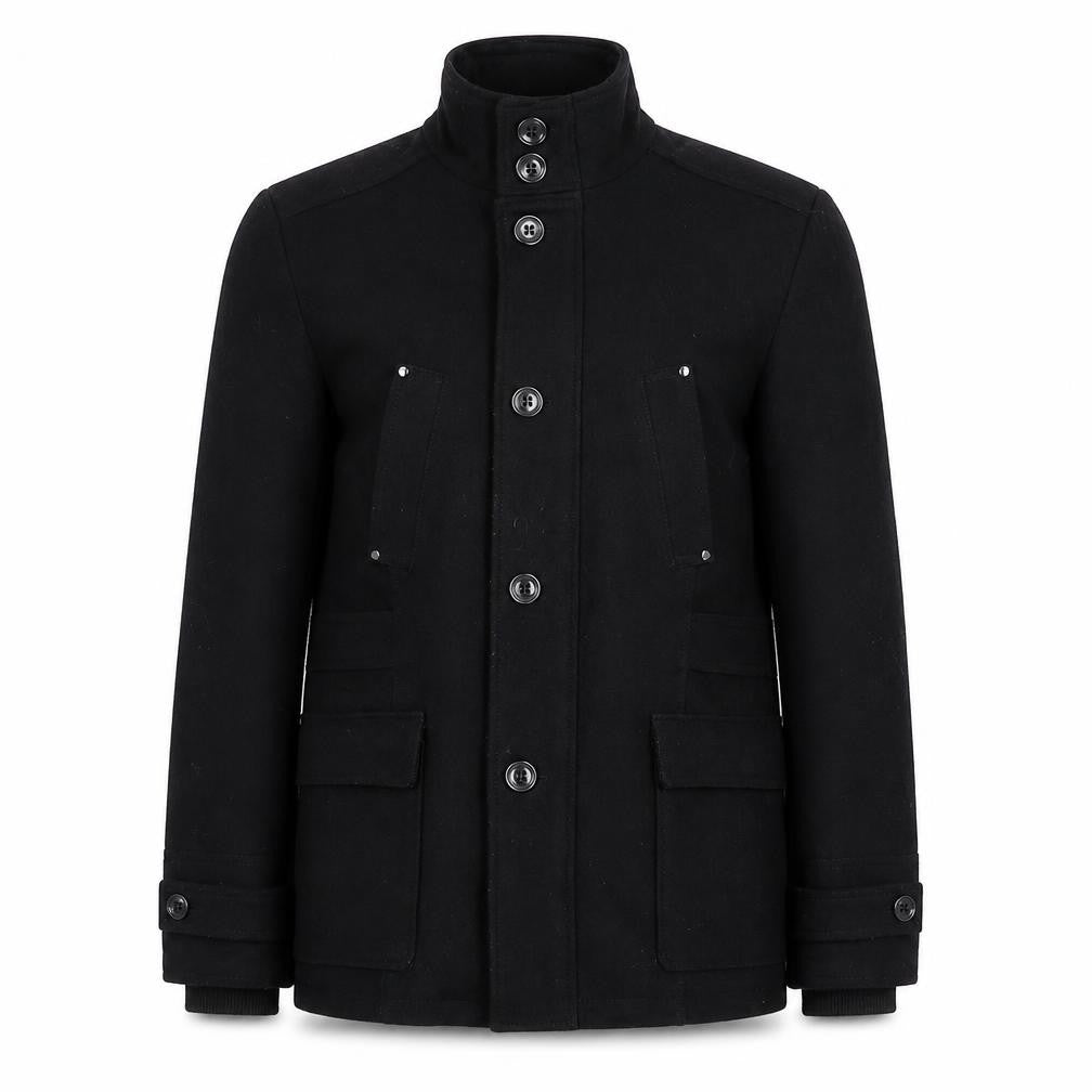 Front view of Breakout men’s black pea coat coat, size M, zip