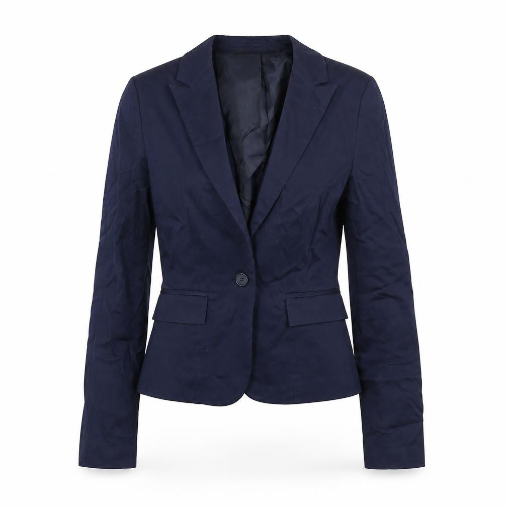 Front view of Hilton Weiner women’s blue cotton jacket suit jacket, size UK 2
