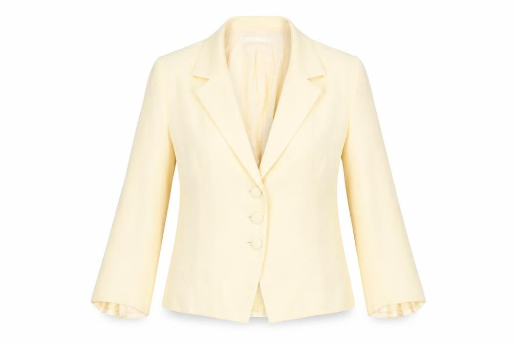 Front view of Presen De Luxe women’s yellow jacket, size UK 14, button - vented cuffs
