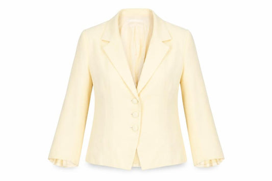 Front view of Presen De Luxe women’s yellow jacket, size UK 14, button - vented cuffs